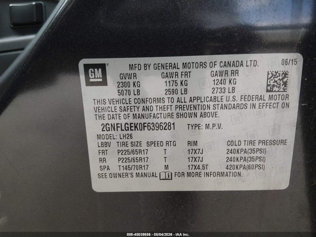 Aukcja sprzedaży 2015 Chevrolet Equinox 2lt, vin: 2GNFLGEK0F6396281, numer aukcji: 45039856