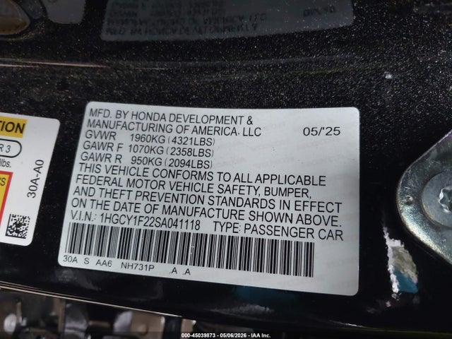 Продаж на аукціоні авто 2025 Honda Accord Lx, vin: 1HGCY1F22SA041118, номер лоту: 45039873