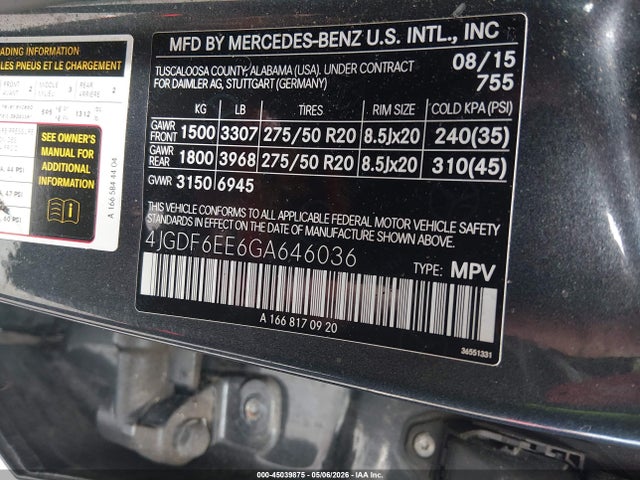 45039875 :رقم المزاد ، 4JGDF6EE6GA646036 vin ، 2016 Mercedes-benz Gl 450 4matic مزاد بيع