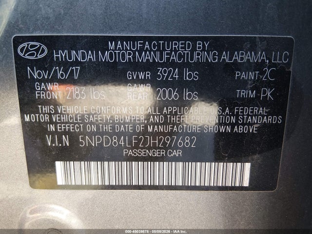 5NPD84LF2JH297682 Hyundai ELANTRA SEL