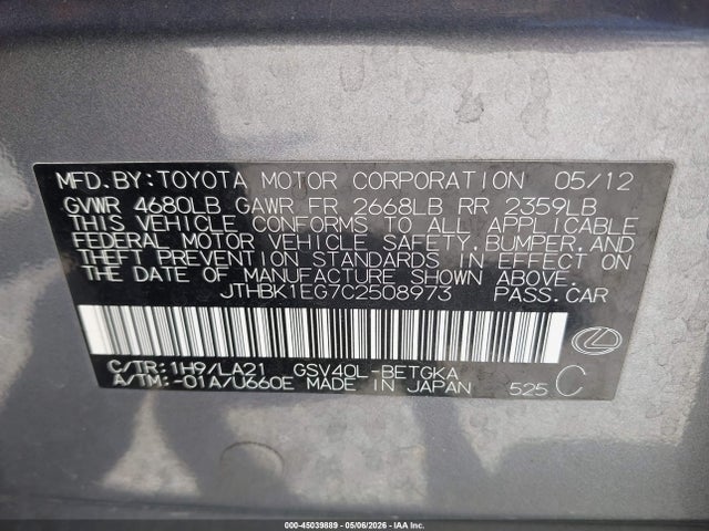 45039889 :رقم المزاد ، JTHBK1EG7C2508973 vin ، 2012 Lexus Es 350 مزاد بيع