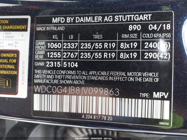 45039891 :رقم المزاد ، WDC0G4JB8JV099863 vin ، 2018 Mercedes-benz Glc 300 مزاد بيع