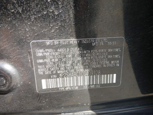 2012 Subaru Forester 2.5x მანქანა იყიდება აუქციონზე, vin: JF2SHABC1CG409328, აუქციონის ნომერი: 45039897