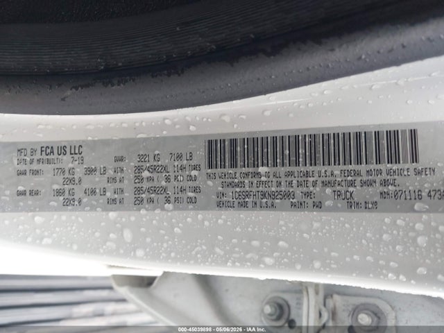 2019 Ram 1500 Limited  4x4 5'7 Box მანქანა იყიდება აუქციონზე, vin: 1C6SRFHT9KN925003, აუქციონის ნომერი: 45039898