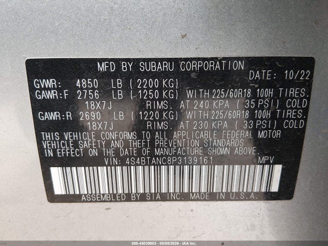 Продаж на аукціоні авто 2023 Subaru Outback Limited, vin: 4S4BTANC8P3139161, номер лоту: 45039903