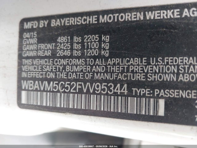 45039907 :رقم المزاد ، WBAVM5C52FVV95344 vin ، 2015 Bmw X1 Xdrive35i مزاد بيع