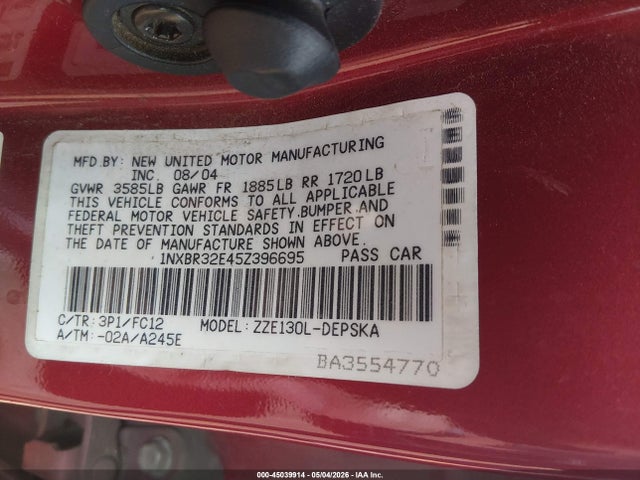 45039914 :رقم المزاد ، 1NXBR32E45Z396695 vin ، 2005 Toyota Corolla S مزاد بيع