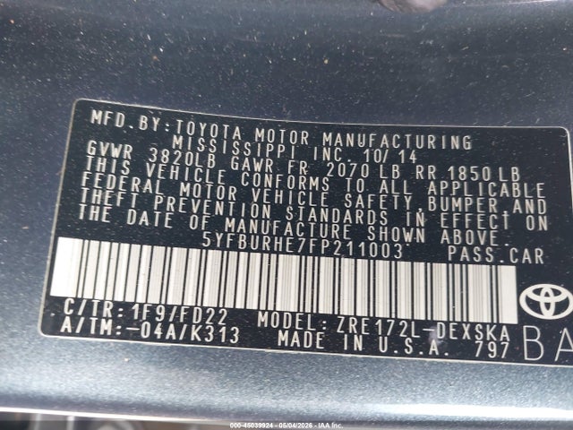45039924 :رقم المزاد ، 5YFBURHE7FP211003 vin ، 2015 Toyota Corolla S Plus مزاد بيع