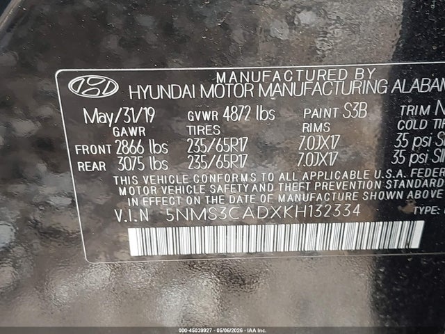 Aukcja sprzedaży 2019 Hyundai Santa Fe Sel, vin: 5NMS3CADXKH132334, numer aukcji: 45039927