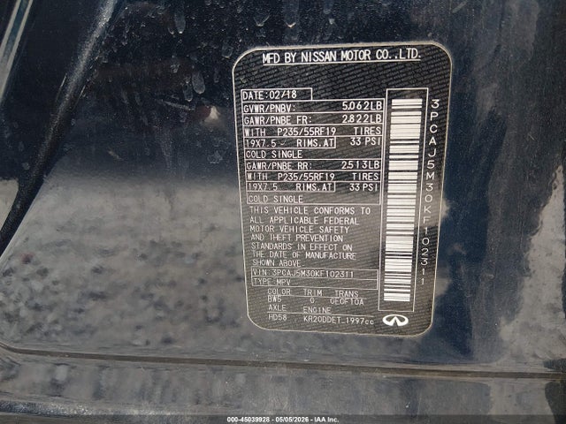 45039928 :رقم المزاد ، 3PCAJ5M30KF102311 vin ، 2019 Infiniti Qx50 Essential مزاد بيع
