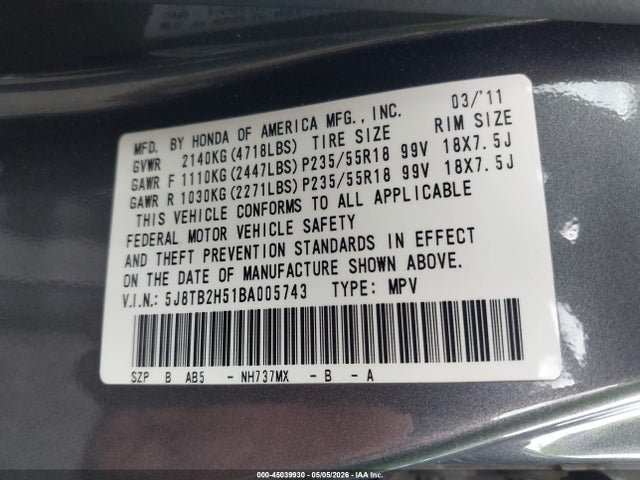 2011 Acura Rdx მანქანა იყიდება აუქციონზე, vin: 5J8TB2H51BA005743, აუქციონის ნომერი: 45039930