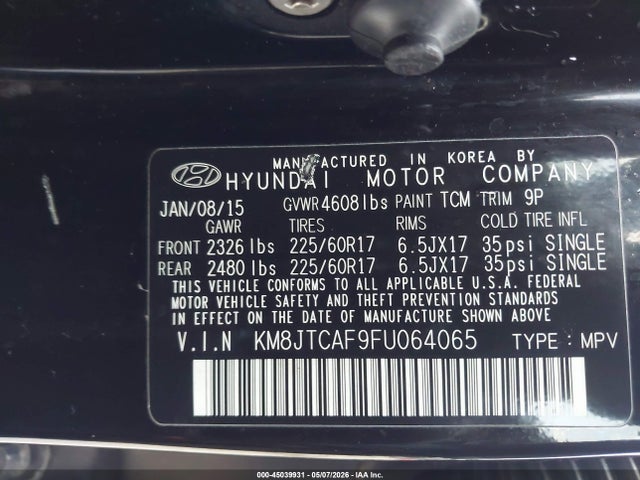Продаж на аукціоні авто 2015 Hyundai Tucson Gls, vin: KM8JTCAF9FU064065, номер лоту: 45039931