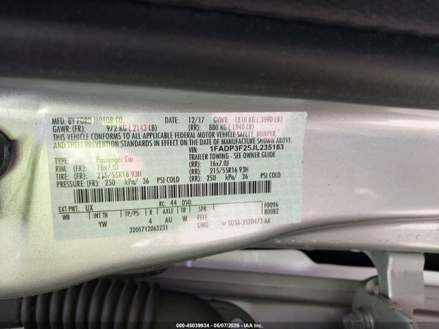 2018 Ford Focus Se მანქანა იყიდება აუქციონზე, vin: 1FADP3F25JL235183, აუქციონის ნომერი: 45039934
