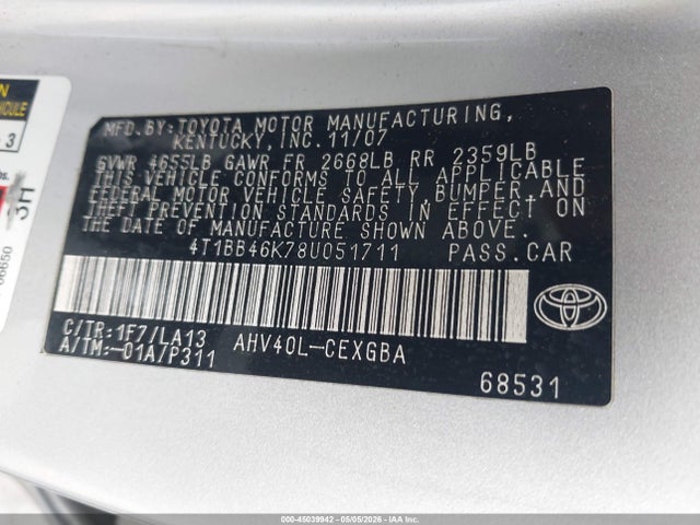 Aukcja sprzedaży 2008 Toyota Camry Hybrid, vin: 4T1BB46K78U051711, numer aukcji: 45039942