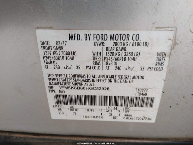 45039955 :رقم المزاد ، 1FM5K8B80HGC52928 vin ، 2017 Ford Explorer مزاد بيع