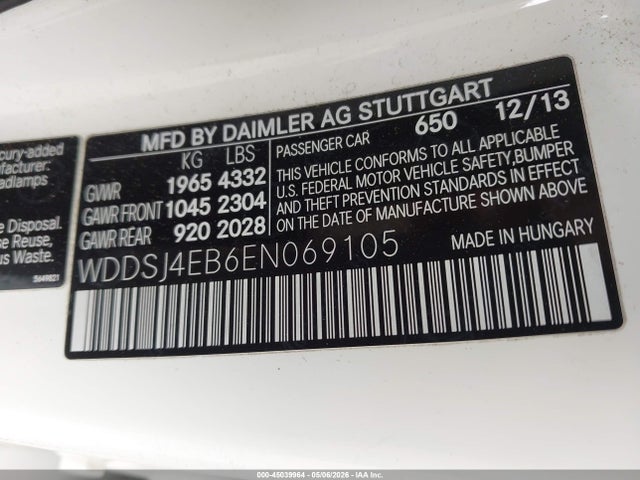 Aukcja sprzedaży 2014 Mercedes-benz Cla 250, vin: WDDSJ4EB6EN069105, numer aukcji: 45039964