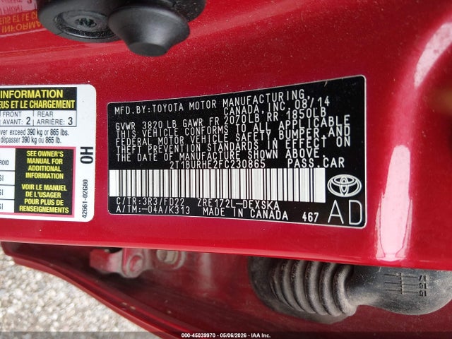 45039970 :رقم المزاد ، 2T1BURHE2FC230865 vin ، 2015 Toyota Corolla S Plus مزاد بيع