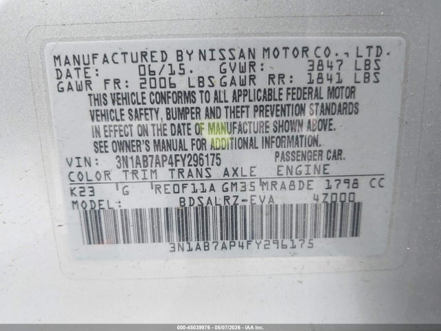 45039976 :رقم المزاد ، 3N1AB7AP4FY296175 vin ، 2015 Nissan Sentra Sr مزاد بيع