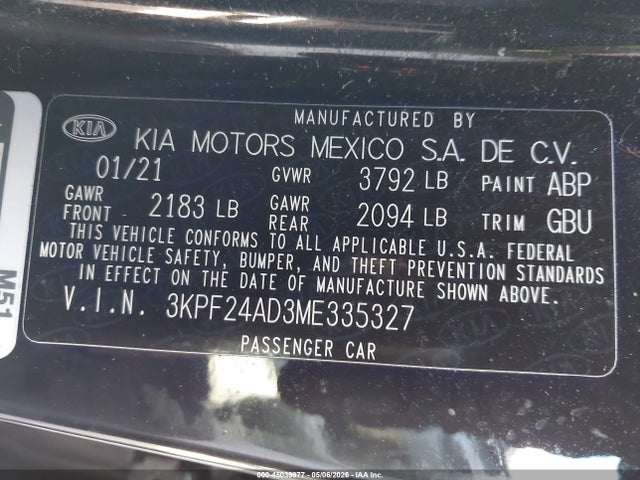 45039977 :رقم المزاد ، 3KPF24AD3ME335327 vin ، 2021 Kia Forte Lxs مزاد بيع