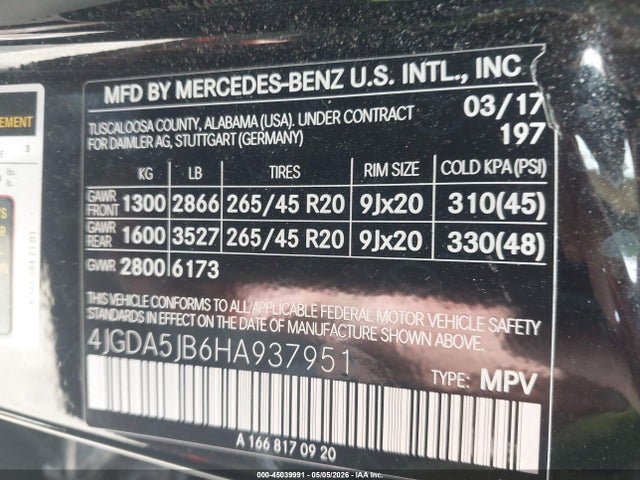 Aukcja sprzedaży 2017 Mercedes-benz Gle 350, vin: 4JGDA5JB6HA937951, numer aukcji: 45039991