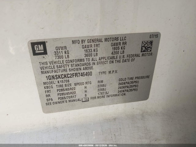 Продаж на аукціоні авто 2015 Chevrolet Tahoe Ltz, vin: 1GNSKCKC2FR746490, номер лоту: 45039996