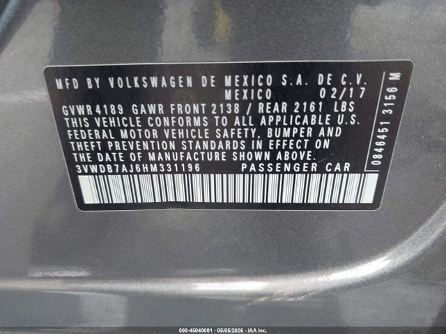Продаж на аукціоні авто 2017 Volkswagen Jetta 1.4t Se, vin: 3VWDB7AJ6HM331196, номер лоту: 45040001