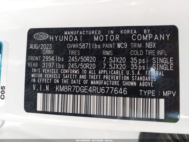Aukcja sprzedaży 2024 Hyundai Palisade Calligraphy, vin: KM8R7DGE4RU677646, numer aukcji: 45040006