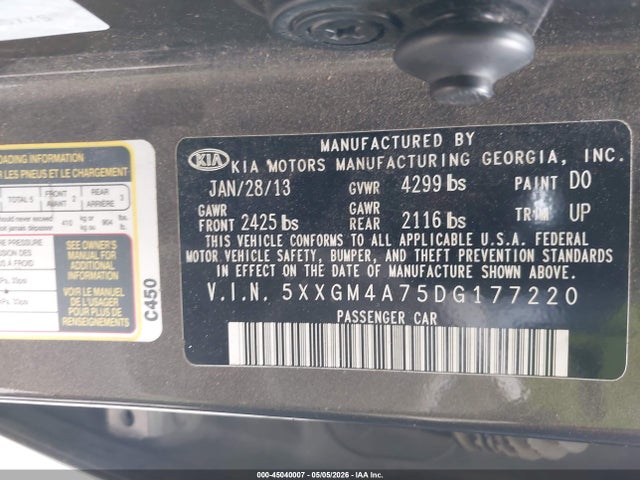 Продажа на аукционе авто 2013 Kia Optima Lx, vin: 5XXGM4A75DG177220, номер лота: 45040007