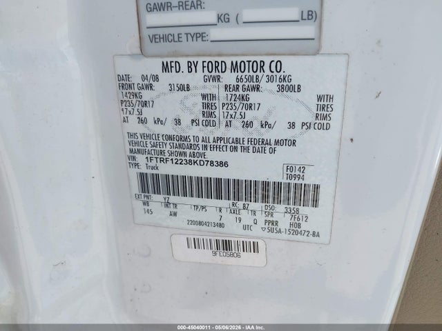Aukcja sprzedaży 2008 Ford F-150 Stx/xl/xlt, vin: 1FTRF12238KD78386, numer aukcji: 45040011