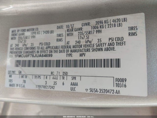 Aukcja sprzedaży 2018 Ford Escape S, vin: 1FMCU0F78JUA64699, numer aukcji: 45040016