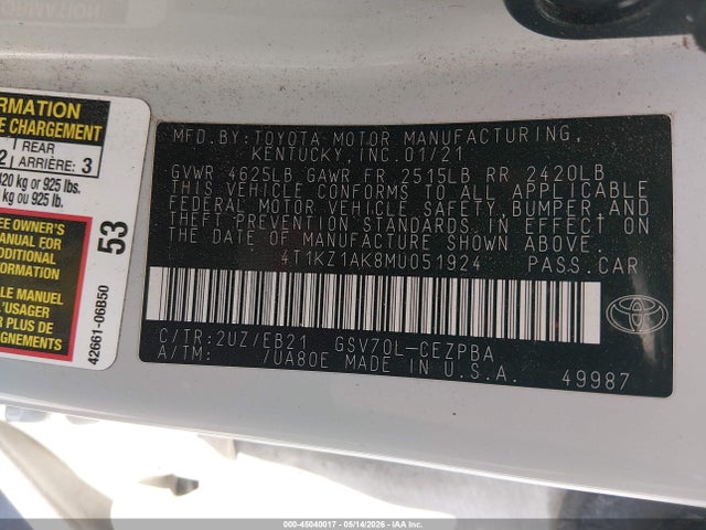 Продажа на аукционе авто 2021 Toyota Camry Trd, vin: 4T1KZ1AK8MU051924, номер лота: 45040017