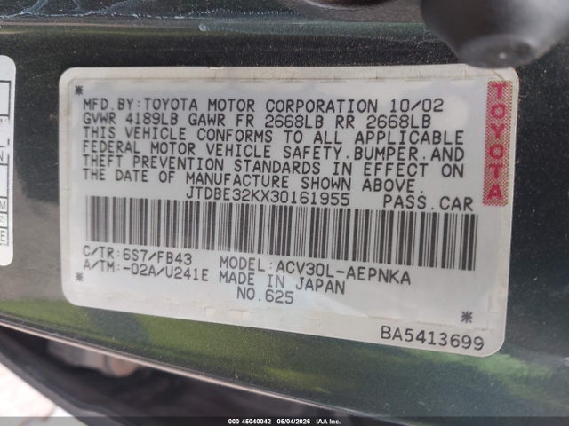 Aukcja sprzedaży 2003 Toyota Camry Le, vin: JTDBE32KX30161955, numer aukcji: 45040042