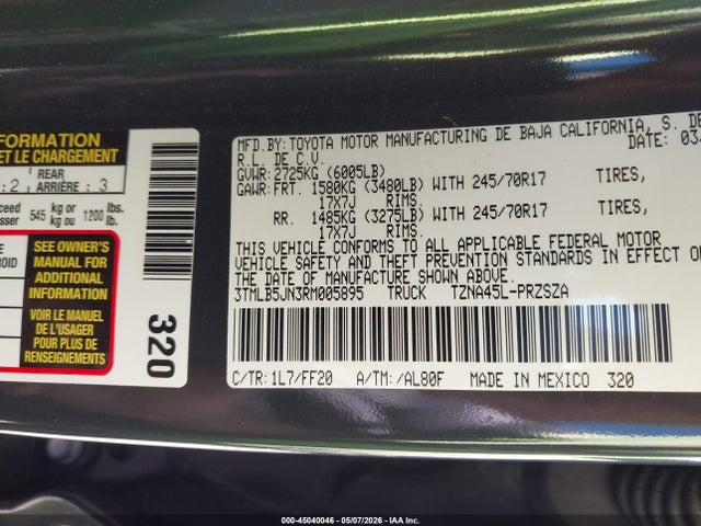 2024 Toyota Tacoma Sr5 მანქანა იყიდება აუქციონზე, vin: 3TMLB5JN3RM005895, აუქციონის ნომერი: 45040046