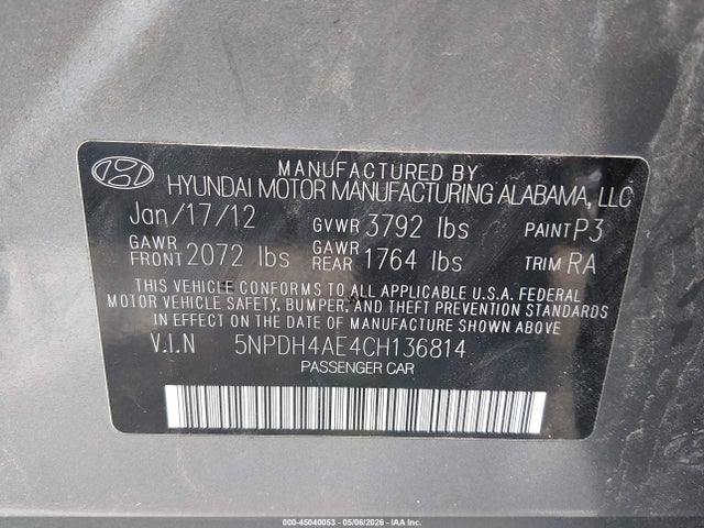 Продаж на аукціоні авто 2012 Hyundai Elantra Limited, vin: 5NPDH4AE4CH136814, номер лоту: 45040053