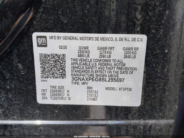 Продаж на аукціоні авто 2025 Chevrolet Equinox Awd Lt, vin: 3GNAXPEG8SL295697, номер лоту: 45040056
