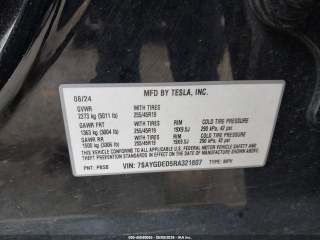 Продажа на аукционе авто 2024 Tesla Model Y, vin: 7SAYGDED5RA321807, номер лота: 45040065