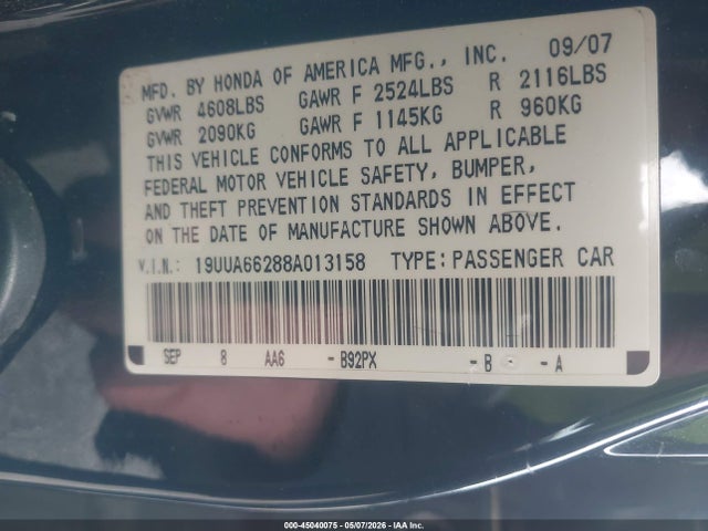 45040075 :رقم المزاد ، 19UUA66288A013158 vin ، 2008 Acura Tl 3.2 مزاد بيع
