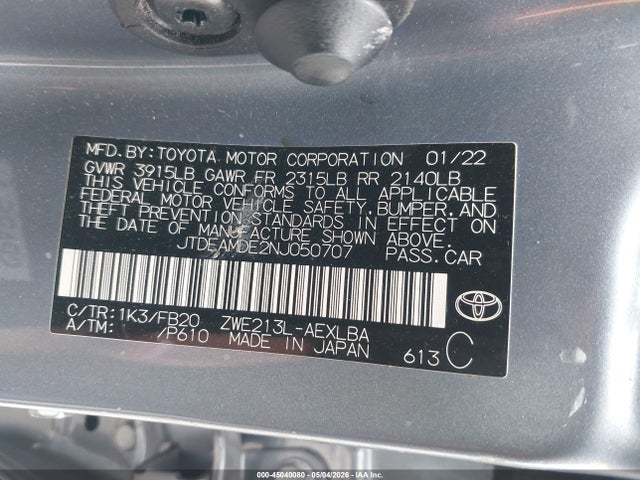 Toyota Corolla Hybrid Le 2022 JTDEAMDE2NJ050707 Image 9