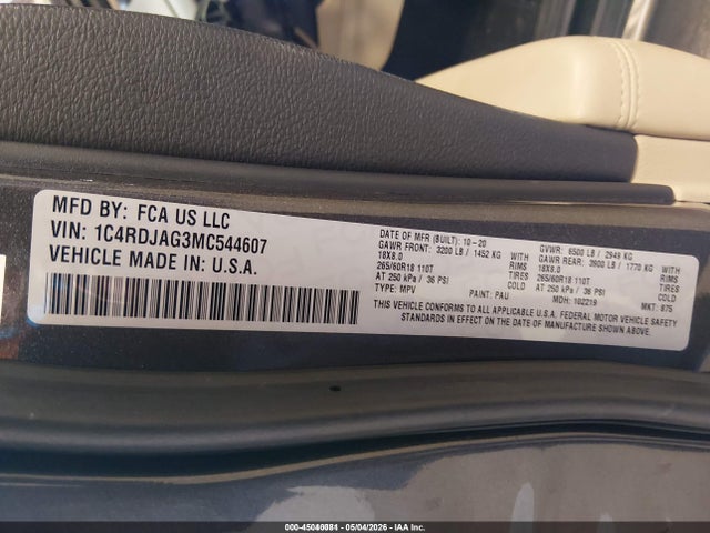 2021 Dodge Durango Sxt Plus Awd მანქანა იყიდება აუქციონზე, vin: 1C4RDJAG3MC544607, აუქციონის ნომერი: 45040081