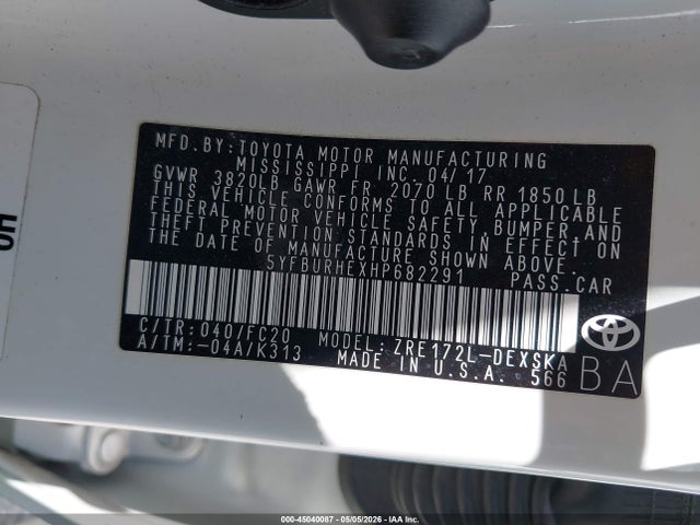 45040087 :رقم المزاد ، 5YFBURHEXHP682291 vin ، 2017 Toyota Corolla Se مزاد بيع