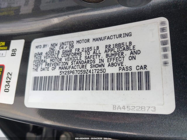 2009 Pontiac Vibe მანქანა იყიდება აუქციონზე, vin: 5Y2SP67059Z417250, აუქციონის ნომერი: 45040089