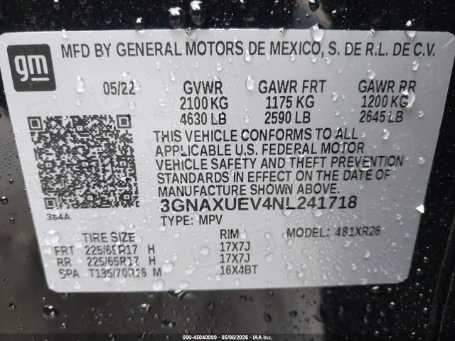45040090 :رقم المزاد ، 3GNAXUEV4NL241718 vin ، 2022 Chevrolet Equinox Awd Lt مزاد بيع