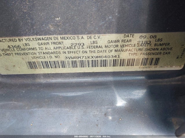 2009 Volkswagen Jetta Se/sel მანქანა იყიდება აუქციონზე, vin: 3VWRM71KX9M040341, აუქციონის ნომერი: 45040092