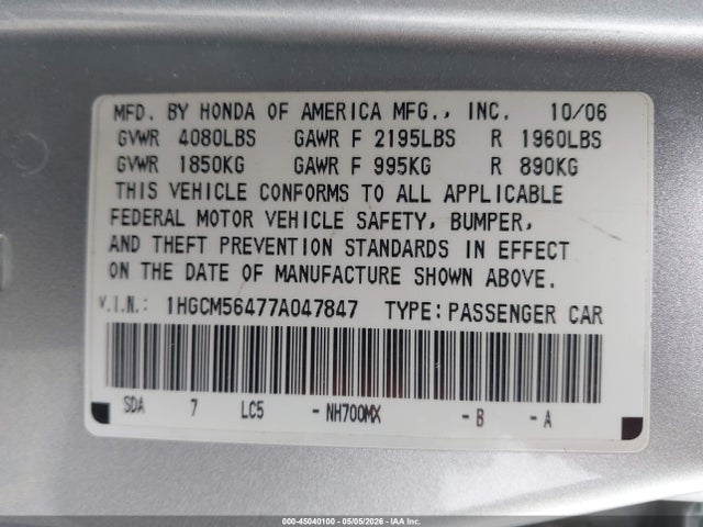 Продаж на аукціоні авто 2007 Honda Accord 2.4 Lx, vin: 1HGCM56477A047847, номер лоту: 45040100