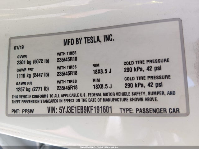 Aukcja sprzedaży 2019 Tesla Model 3 Long Range/performance, vin: 5YJ3E1EB9KF191601, numer aukcji: 45040107