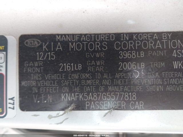 45040118 :رقم المزاد ، KNAFK5A87G5577818 vin ، 2016 Kia Forte Lx مزاد بيع