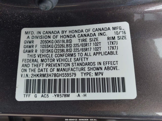 2HKRM3H78GH559579 Honda Cr-v Ex-l