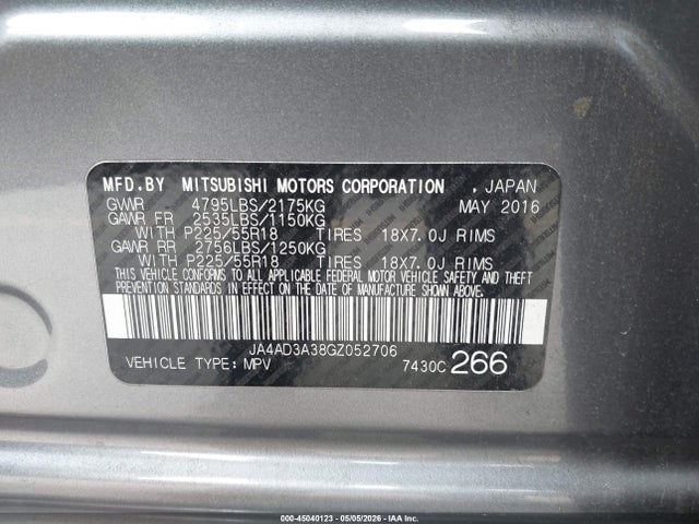 Aukcja sprzedaży 2016 Mitsubishi Outlander Sel, vin: JA4AD3A38GZ052706, numer aukcji: 45040123