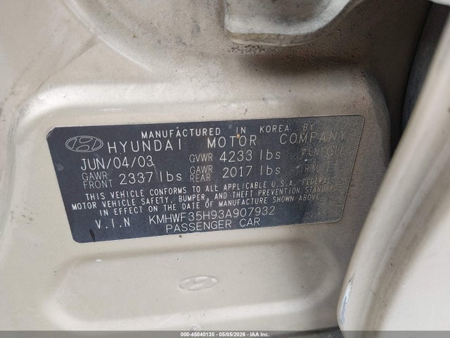 Aukcja sprzedaży 2003 Hyundai Sonata Gls/lx, vin: KMHWF35H93A907932, numer aukcji: 45040135