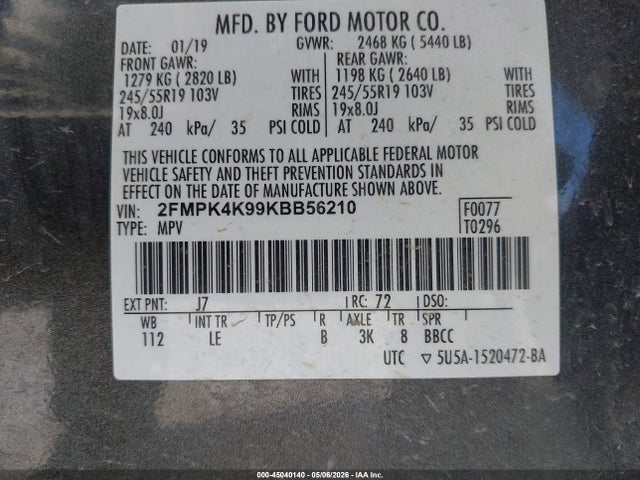 45040140 :رقم المزاد ، 2FMPK4K99KBB56210 vin ، 2019 Ford Edge Titanium مزاد بيع